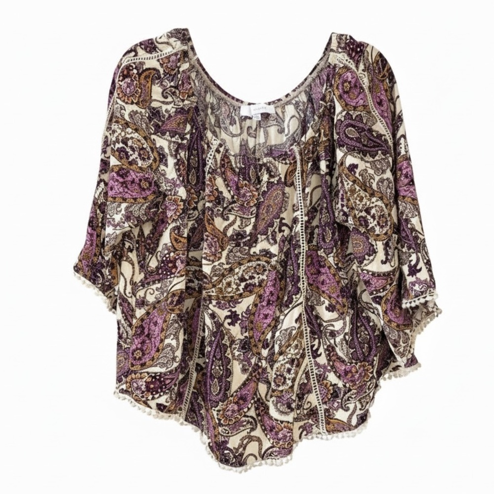 FEVER Paisley Blouse Boho Peasant Cottagecore Balloon Sleeve Knit Trim Pink XL